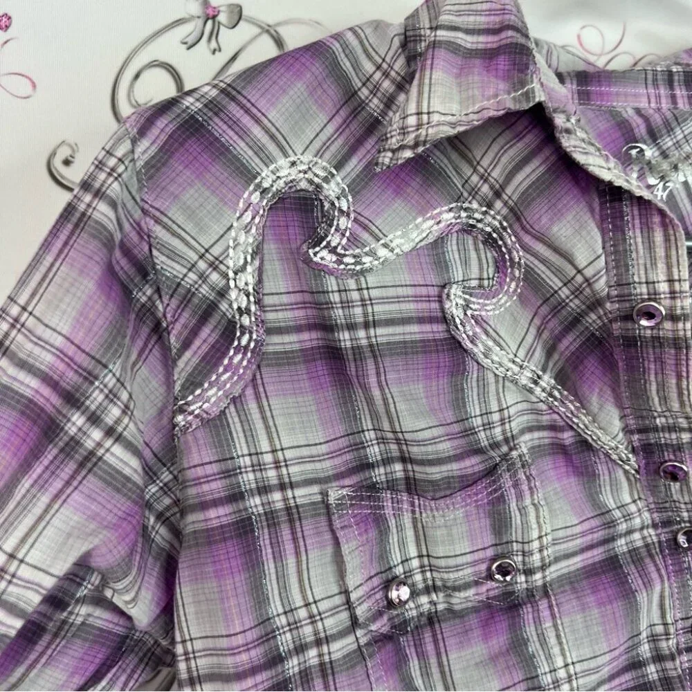 Rock 47 by Wrangler button down embroidery cross back Purple Plaid Casual Shirt